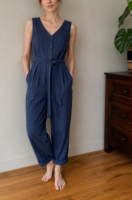 Seasalt Cornwall Linen Blend Jumpsuit UK 10 Blue Wide Leg Belted Pockets