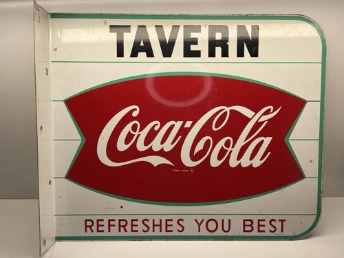 Vtg 1950’s Coca Cola Fishtail Metal Tavern Refreshes You Best  18×15 Two Sided