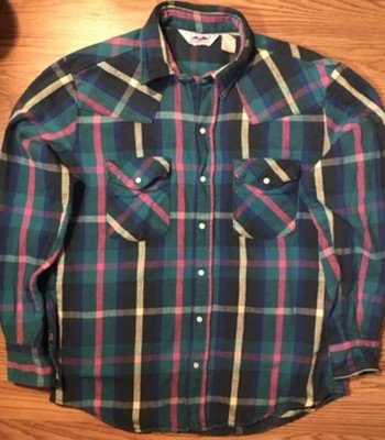 Vintage Five Brother Dakota Heavy Flannel Shirt L Plaid Snap Button Up USA Made
