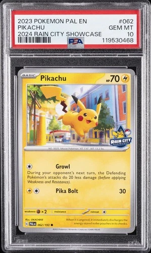 2023 POKEMON PAL EN-PALDEA EVOLVED 2024 RAIN CITY SHOWCASE #062 PIKACHU PSA 10