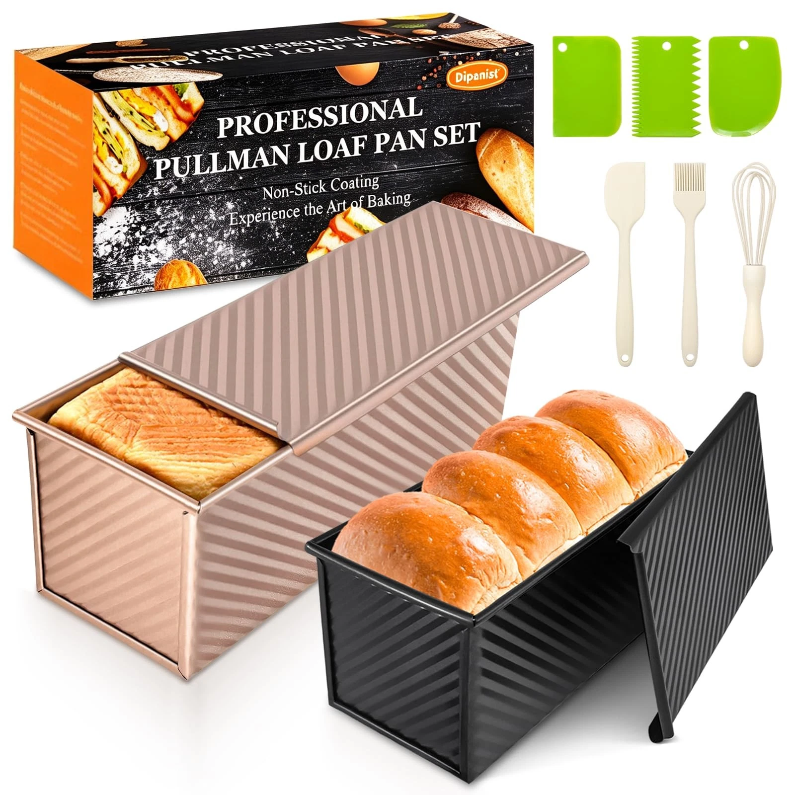 2Pack Pullman Loaf Pans with Lids – 2.2 LB & 1 LB Dough Capacity, Non-Stick C...