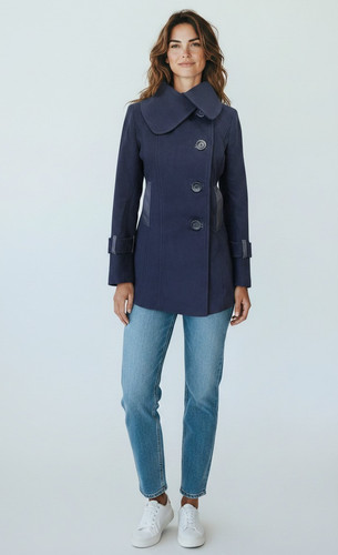 Mackage Navy Blue Peacoat Wool Leather Trim Mid Length Size S Small