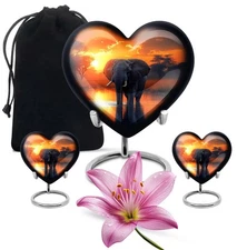 Elephant Heart Shaped Ash Container 10Inch + 3Inch Set Of 2 Cremation Urns