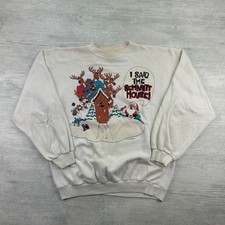 Vintage 80s Christmas Parody Sweatshirt Size Large White Santa Reindeer Crewneck