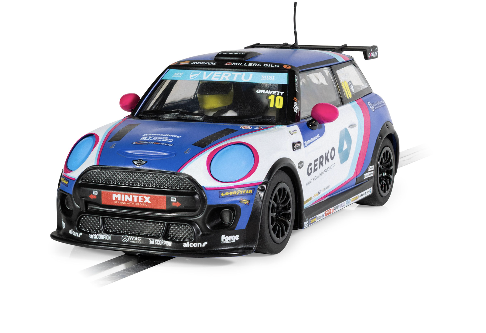 Scalextric C4410 Mini Cooper F56 - Bradley Gravett 2024, White/Blue/Pink | Toy Slot Car for use with Race Tracks and Set, Gift Ideas for Kids and Adults, Scalextric Accessories - Image 6