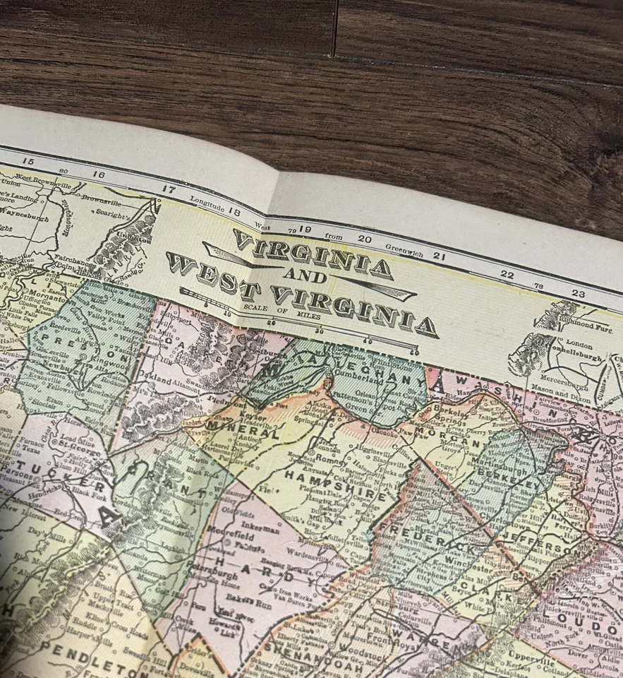 "Mapa Atlas antiguo 1900 desplegable a todo color West Virginia Washington DC+ 22x14,5""" Foto 3 de 4