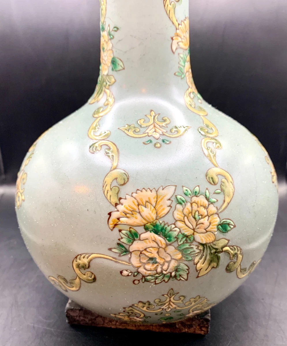 Porcelain Vase Celestial Sphere Hand Painted Celadon Chinese Vintage 10.25" T