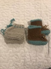 Handmade Baby Booties Crochet Knitted Blue/grey Tan/blue 2 Pair cottagecore