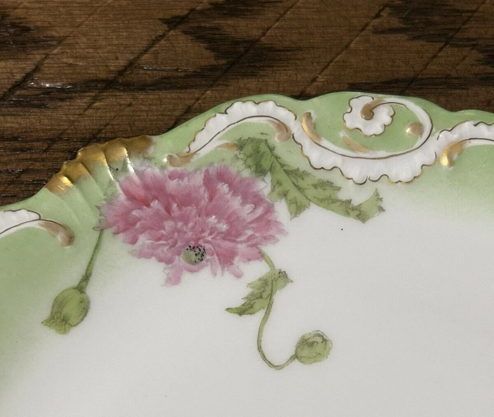 Antique T&V Limoges France Green Gold Floral POPPY POPPIES Cabinet PLATE - Image 4 of 4