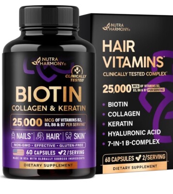 Biotin Collagen Keratin - Nutra Harmony Hair Skin  Nails Support 60 Capsules