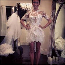 Mini Sheer Lace Applique Beaded Sequins Short Sleeves Wedding Dress Bridal Gowns