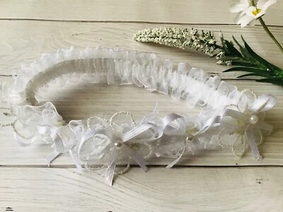 white pearl Bead Bow ivory floral motif lace elastic garter Wedding Bridal Bride - Image 1 of 3