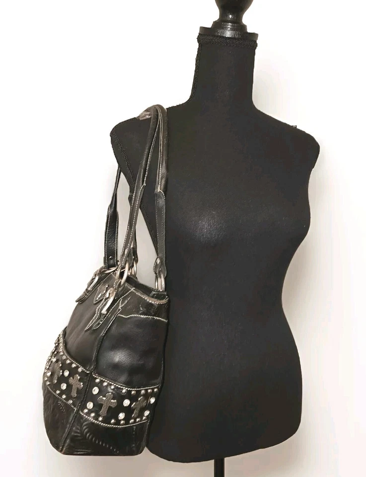 Bolso Cartera American West Cross Cremallera Superior Cuero Negro Tachonado Tooled 12x8x4 Foto 2 de 4