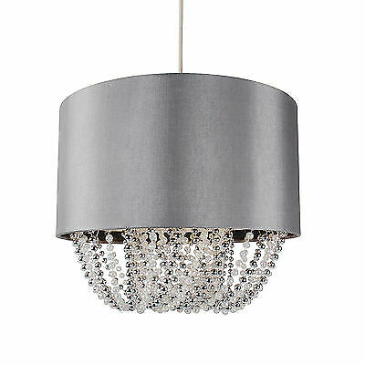 Beaded Grey Light Shade Ceiling Pendant Fabric Silver Sparkle Easy