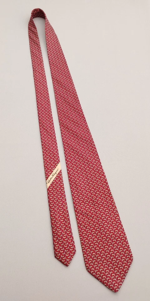 Salvatore Ferragamo Silk Designer Necktie Dolphin Repeat Pattern Red Men Tie - Image 3 of 4