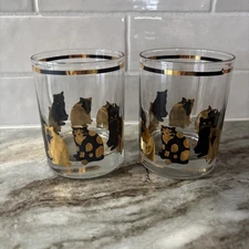 Set of 2 Vintage Georges Braird Cat Low Ball Drinking Glasses black & gold