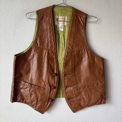 Vintage 70s 80s Buckskin Leather Vest 42 M/L Cognac Brown Western