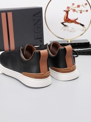 Zegna Mens Black Grained Leather Triple Stitch Sneakers Brown