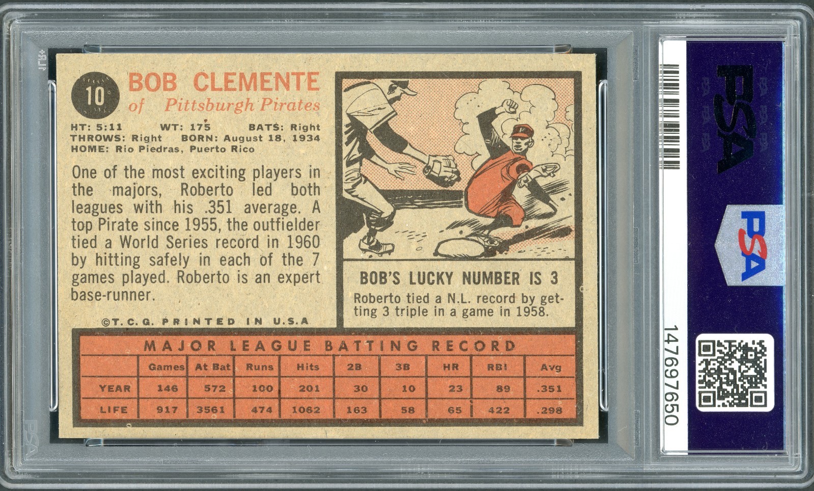 1962 Topps Bob (Roberto) Clemente #10 PSA 6 EX-MT! Nicely CENTERED FRONT & BACK! view 2
