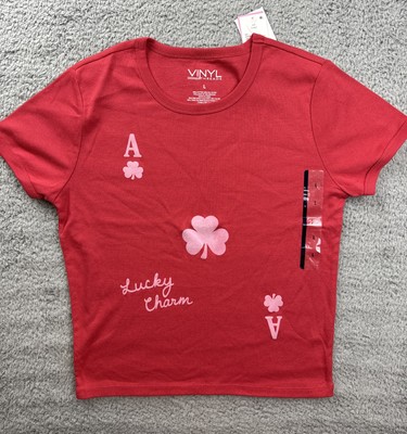 Vinyl Threads Women's Large Lucky Charm Ace of Clubs Short Sleeve Baby T-Shirt