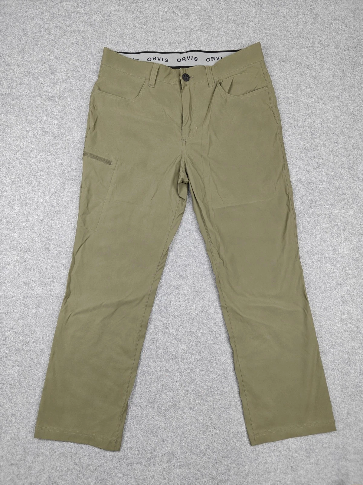 Orvis Pants Mens 34x29 Green Nylon Stretch Hiking Zip Pocket Travel Comfort