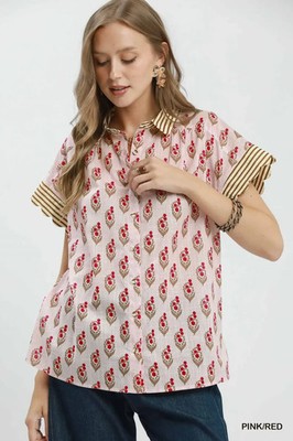 Umgee Block Print Button-Front Shirt with Contrast Stripe Point Collar - Large