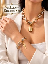 Authentic Louis Vuitton Gold Padlock with Stainless Steel Necklace+ Bracelet Set