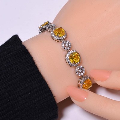 Yellow Sapphire & Cz (Simulated) 925 Sterling Silver Tennis Bracelet 8.99'' B15