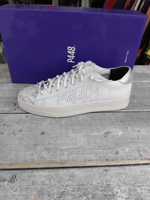 P448 Damen Sneaker Weiße Lederschuhe Mit Silbernen Details, EU 40