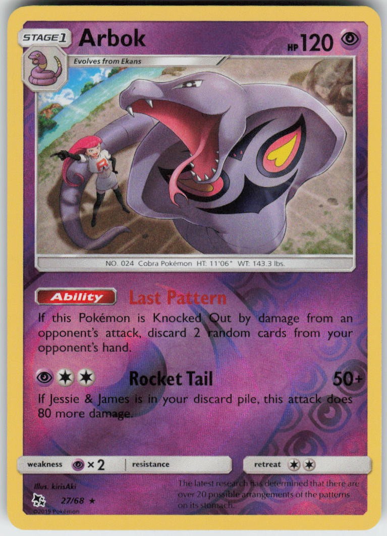 Arbok 27/68 Rare Hidden Fates Pokemon Reverse Holo Near Mint