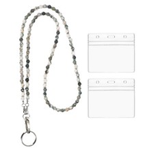 Beaded Lanyards with 2 Horizontal ID Badge Holders for Women, Cyan
