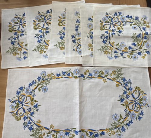 VTG Swedish Woven Linen Napkin Set Of 6- Froso Handtryck- Blue Floral Cottage