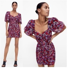 NWT Zara Floral Puff Sleeve Ruched Mini Dress Size XS