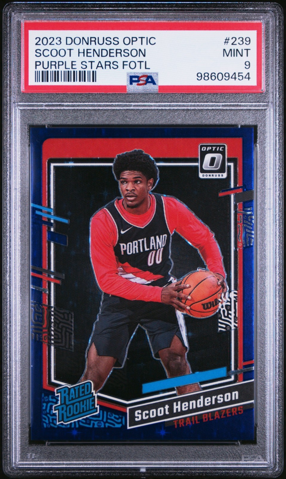 2023-24 Donruss Optic Scoot Henderson Rated Rookie FOTL Purple Stars #/17 PSA 9