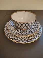VTG Imperial LFZ Lomonosov Tea Cup, Saucer & Dessert Plate Cobalt Blue Net