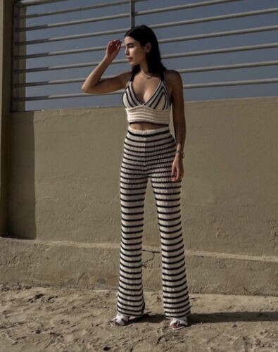 ZARA WOMAN NEW STRIPED KNIT PANTS ECRU-BLACK SIZE L REF. 3991/032 | eBay