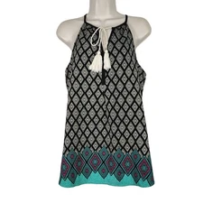 Signature Studio Black Green Sleeveless Top Women Size XL Tassel Tie Keyhole 