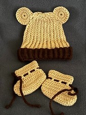 Handmade Crochet Reborn Baby Hat  Booties TEDDY BEAR Style Photo Prop Set