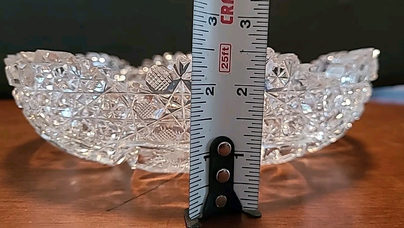 Antique American Brilliant Cut 9in Bowl 4 Leaf Floral/Flowers 3in Deep