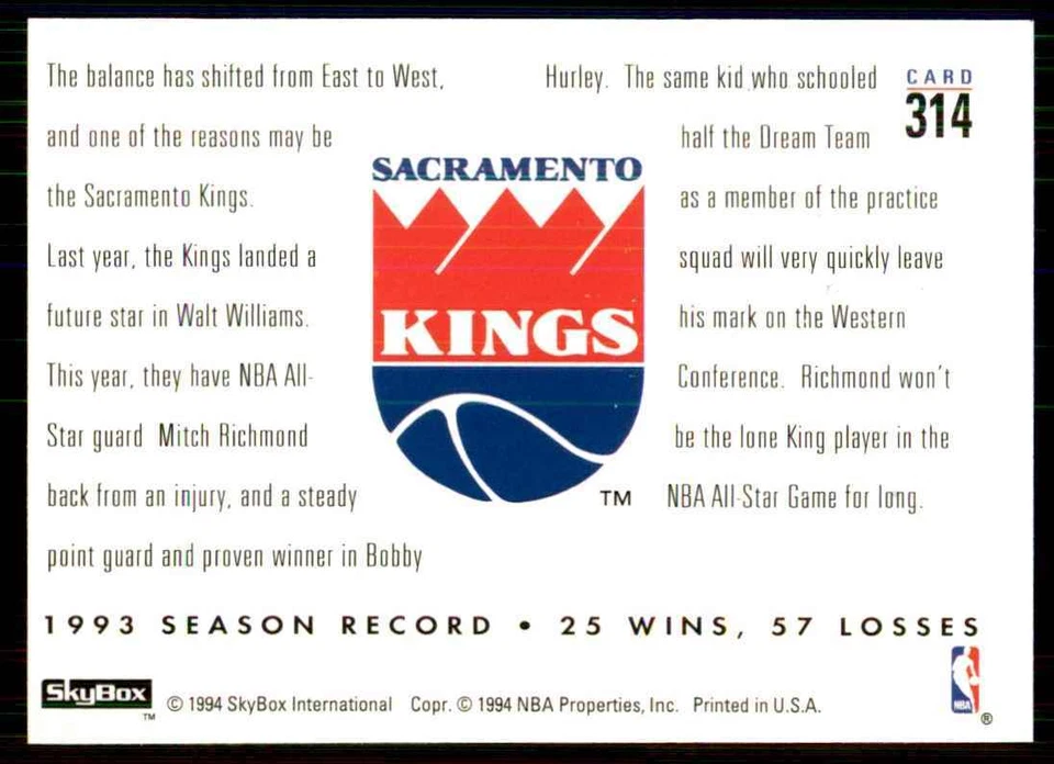 1993-94 SkyBox Bobby Hurley/Mitch Richmond Basketball Cards #314 - Image 2 of 2