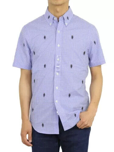 Ralph Lauren Button Front Shirt Sz L Slim Fit Blue Plaid Embroidered Polo Bears