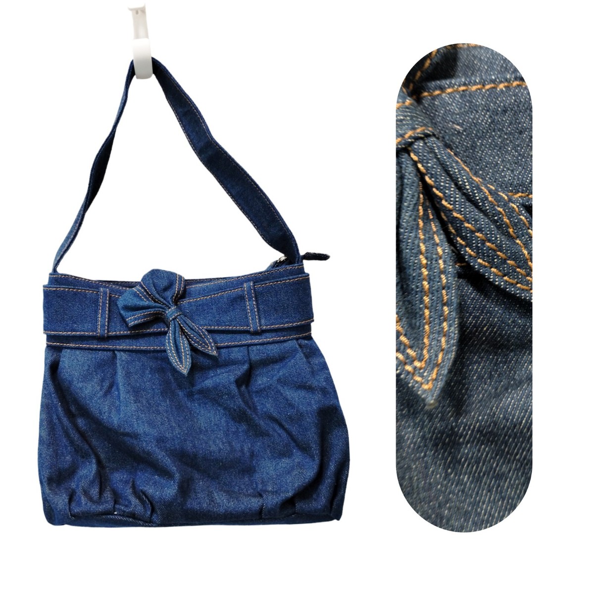 Womens 90s Y2K Denim Shoulder Bag Blue 100% Cotton Strap Bow