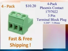 (4-Pack) Phoenix Contact 1757022  3 Pin Terminal Block Plug,  0.200" / 5.08mm