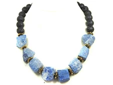 Charming Lapis Lazuli Raw Stone and Lava Ball Shaped Gemstone Necklace
