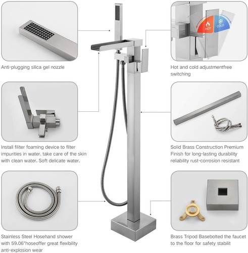 Tub Filler Freestanding Bathtub Faucet Floor Mounted Bathroom with Hand Shower - Picture 123 of 132