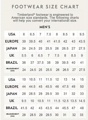 timberland footwear size chart