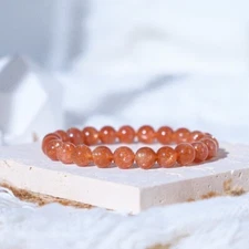 Natural Orange Sunstone Stone Bracelet Gold Sheen Crystal Stretch Bracelet