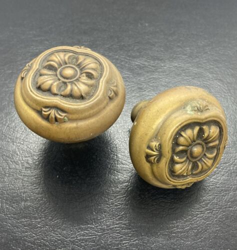 Architectural Salvage Old Brass Floral Design Door Two Knobs Only High Relief