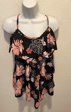 Womens Black Orange Floral Tankini Bathing Suit Top Size XL Removable Pads Flowy