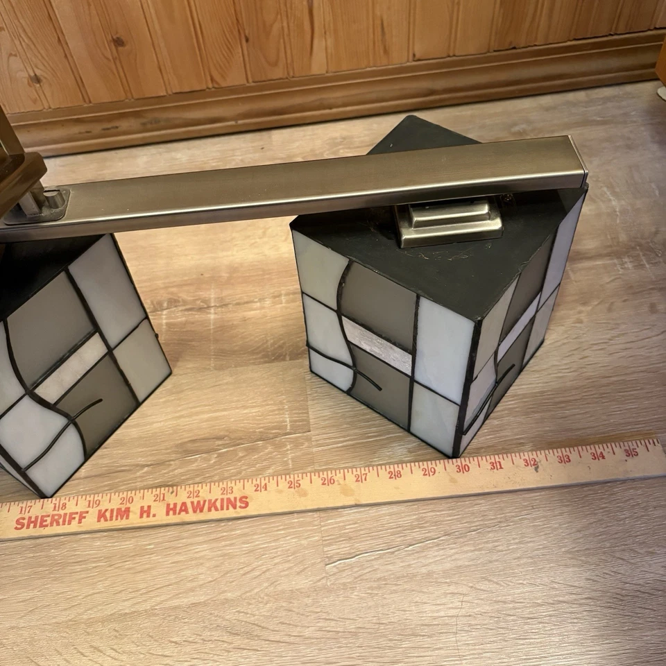 Tiffany Mission estilo 3 luces COLGANTE peltre cepillado sobre isla o mesa de billar Foto 2 de 4